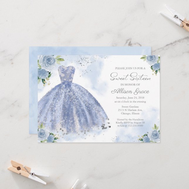 Sweet 16 Invitation Silver Foil Dusty Blue Gown (Front/Back In Situ)