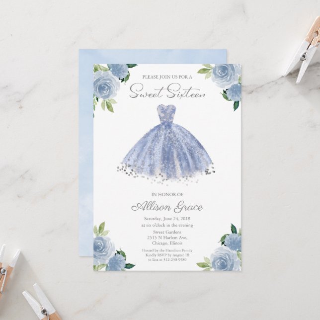 Sweet 16 Invitation Silver Foil Dusty Blue Gown (Front/Back In Situ)