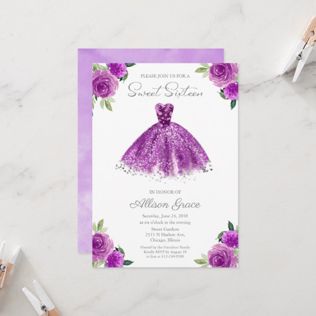 Sweet 16 Invitation Silver Foil Purple Gown (Front/Back In Situ)