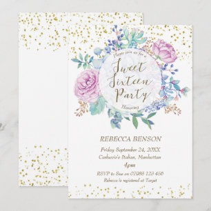 Sweet 16 invitation succulents faux gold confetti