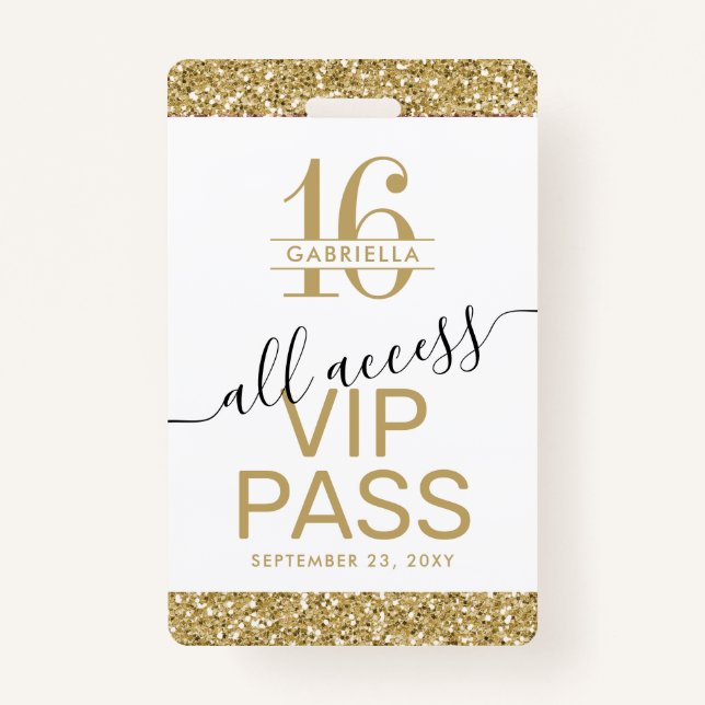 Sweet 16 Invitation VIP Pass White and Gold ID Badge (Front)
