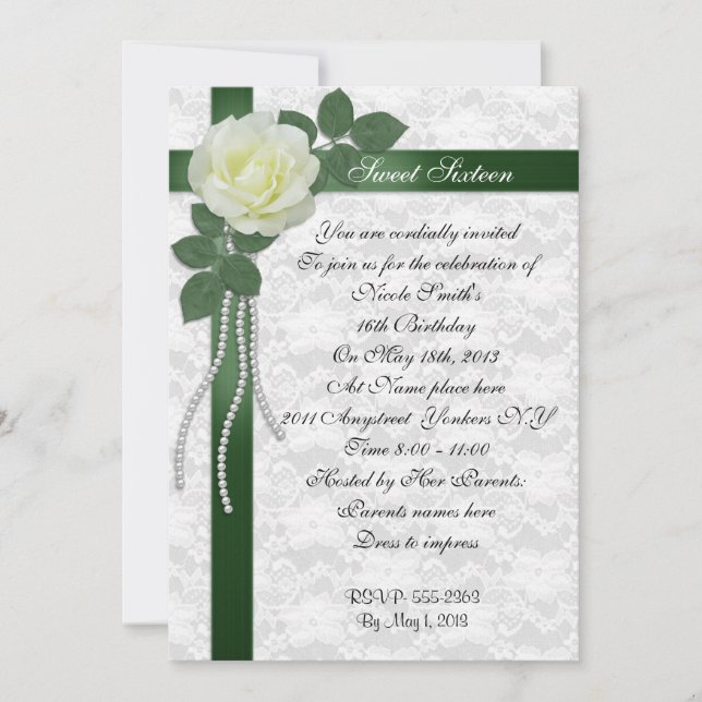 Sweet 16 Invitation White rose and green ribbon (Front)