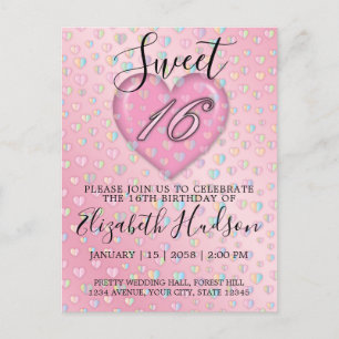 Sweet 16 Invitation with Pink Heart and Speckles Postcard