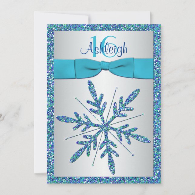 Sweet 16 Invite | PRINTED BOW | Snowflake - Blue (Front)