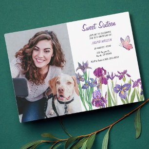 Sweet 16 Iris flower Photo Birthday Invitation