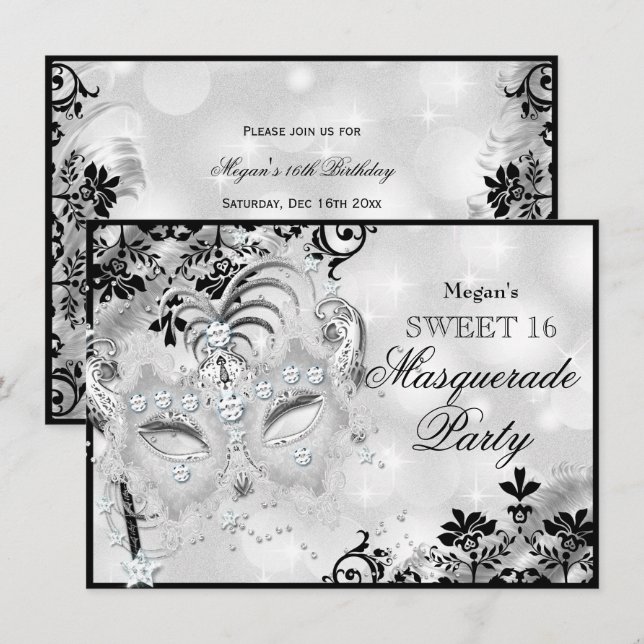 Sweet 16 Jewel Mask & Damask Silver Masquerade Invitation (Front/Back)