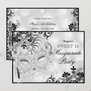 Sweet 16 Jewel Mask & Damask Silver Masquerade Invitation
