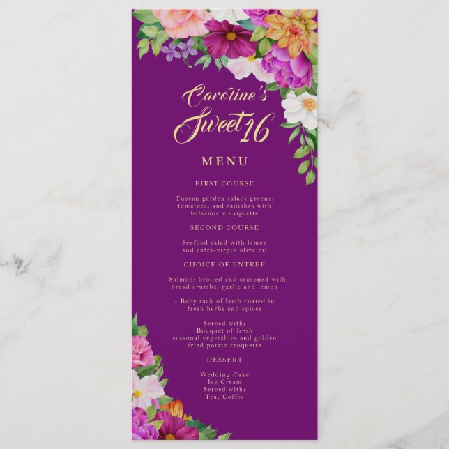 Sweet 16 Joyful Floral Watercolor Purple Menu (Front)