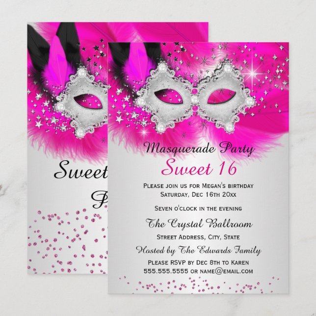 Sweet 16 Lace Mask Hot Pink Silver Masquerade Invitation (Front/Back)