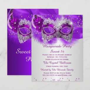 Sweet 16 Lace Mask Purple Silver Masquerade Invitation