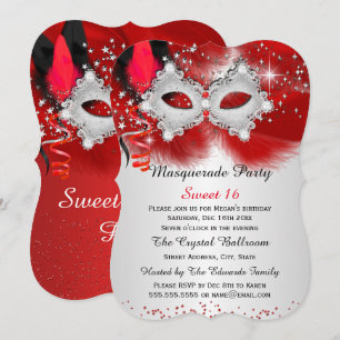 Sweet 16 Lace Mask Red Silver Masquerade Invitation