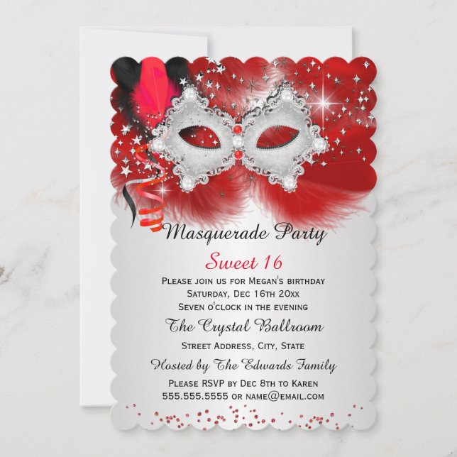 Sweet 16 Lace Mask Red Silver Masquerade Invitation (Front)