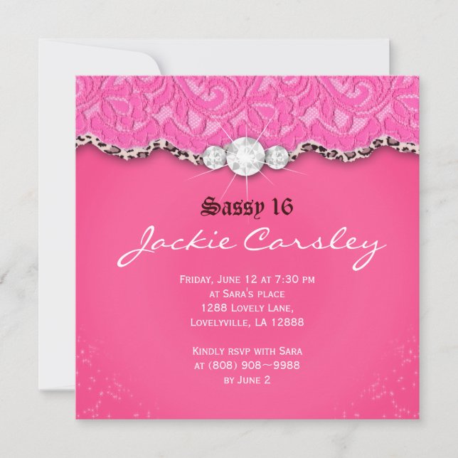 Sweet 16 Lace Party Invite Pink Leopard (Front)