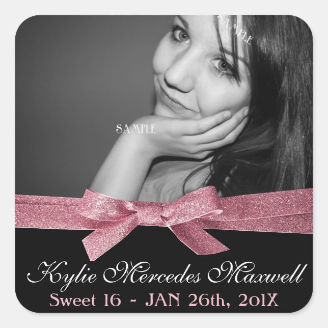 Sweet 16 Large Photo with Cute Pink Glitter Ribbon Square Sticker (Front)