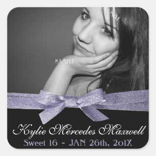 Sweet 16 Large Photo with Purple Glitter Ribbon Square Sticker