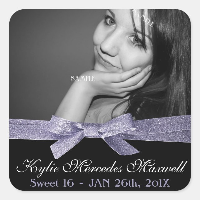 Sweet 16 Large Photo with Purple Glitter Ribbon Square Sticker (Front)