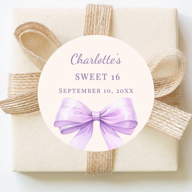 Sweet 16 lavender bow ivory classic round sticker (Creator Uploaded)