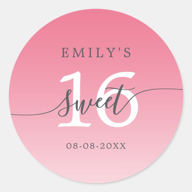 Sweet 16 Lemonade Pink Ombre Custom Name Date  Classic Round Sticker (Front)