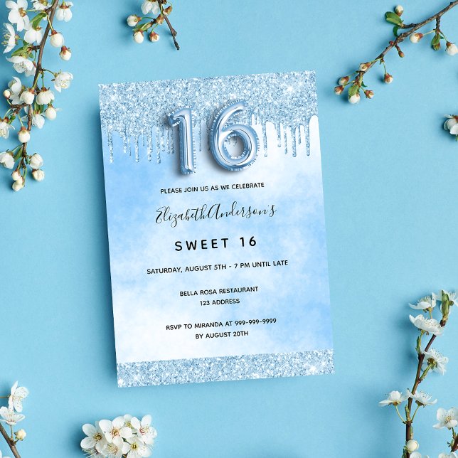 Sweet 16 light blue glitter drips elegant  invitation (Creator Uploaded)