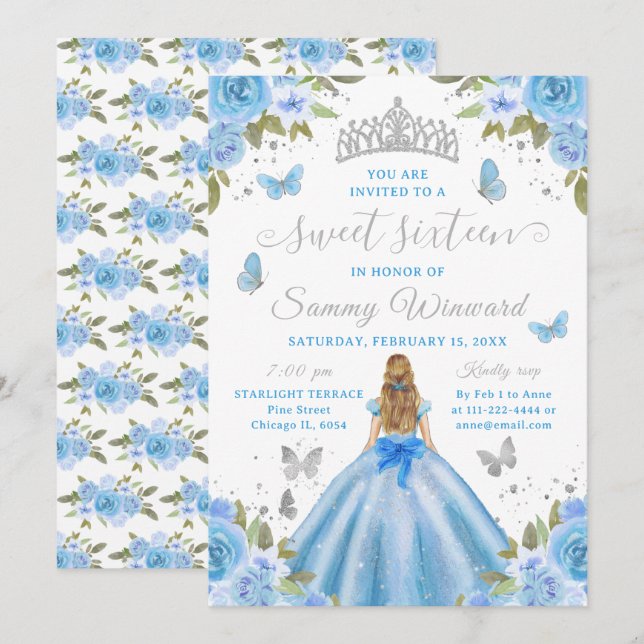 Sweet 16 Light Blue Princess Blonde Girl Invitation (Front/Back)