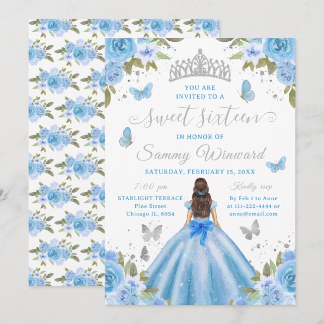Sweet 16 Light Blue Princess Brunette Girl Invitation (Front/Back)