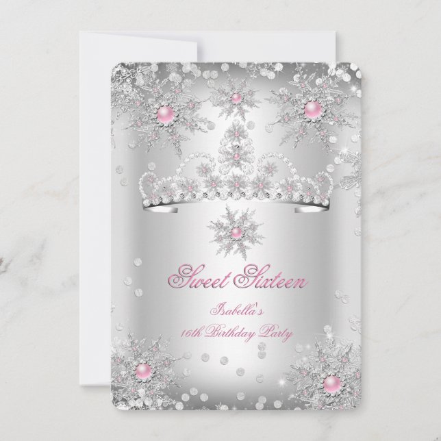 Sweet 16 Light Pink Silver Winter Wonderland Invitation (Front)