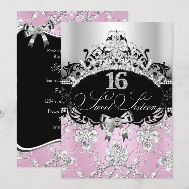 Sweet 16 Light Pink Sparkle Tiara Birthday Invite (Front/Back)