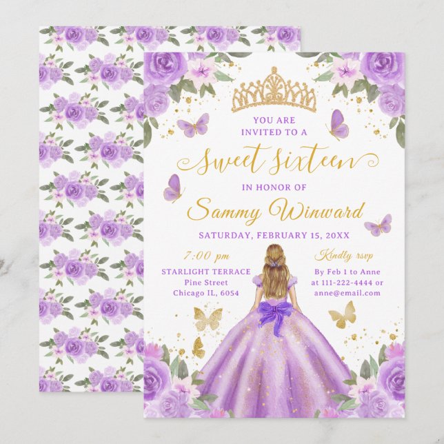 Sweet 16 Light Purple Princess Blonde Girl Invitation (Front/Back)