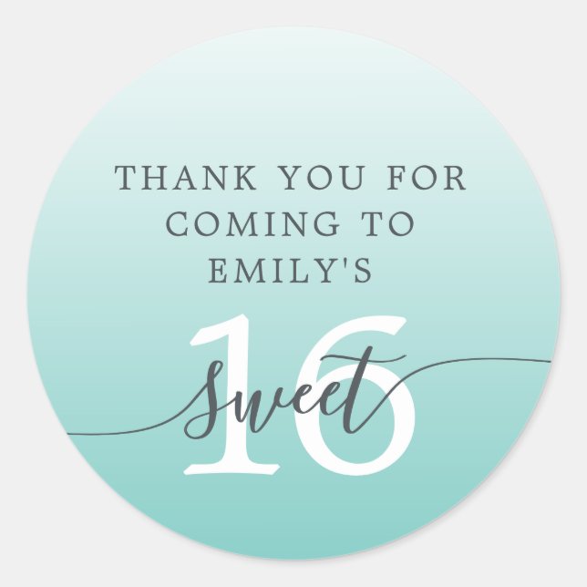 Sweet 16 Light Teal Ombre Thank You Custom Name  Classic Round Sticker (Front)