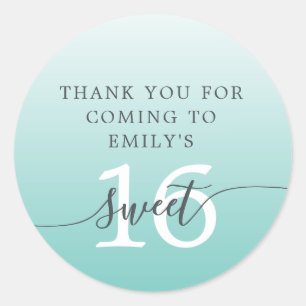 Sweet 16 Light Teal Ombre Thank You Custom Name Classic Round Sticker