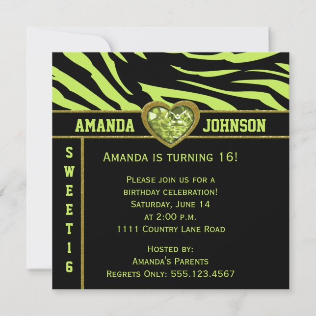 Sweet 16 Lime Black Zebra Lime and Gold Heart Invitation (Front)