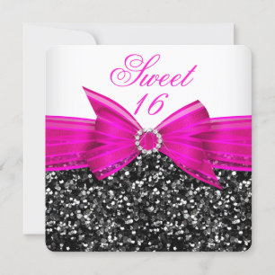 Sweet 16 Luxury Glitter Hot Pink Bow Black White Invitation