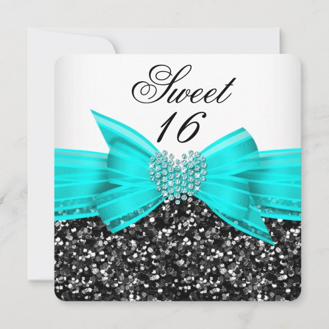 Sweet 16 Luxury Glitter Teal Bow Black White Invitation (Front)
