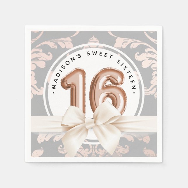 Sweet 16 Luxury Rose gold Balloons Damask Napkin (Front)