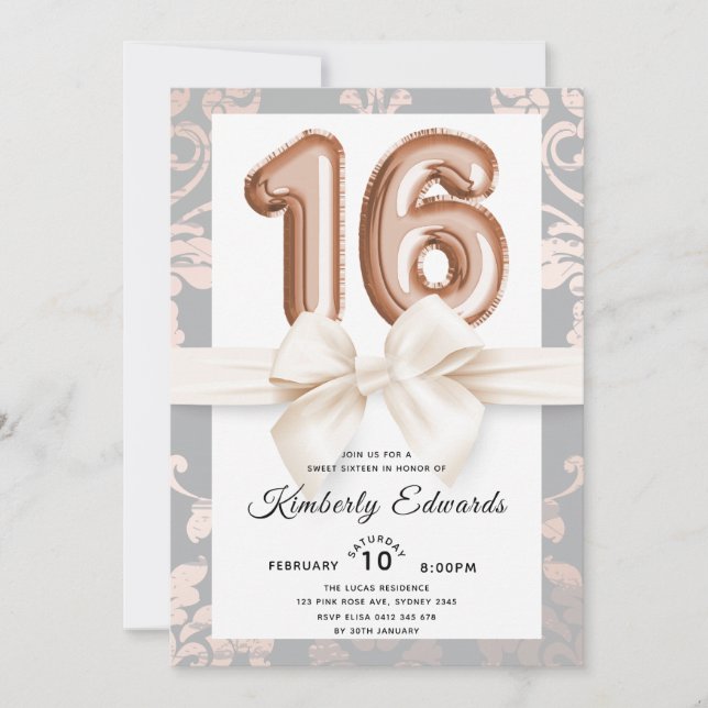 Sweet 16 Luxury Rose gold Balloons Invitation (Front)