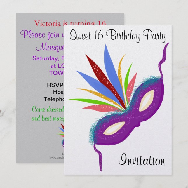 Sweet 16 Masquerade Ball Purple Party Mask Invitation (Front/Back)