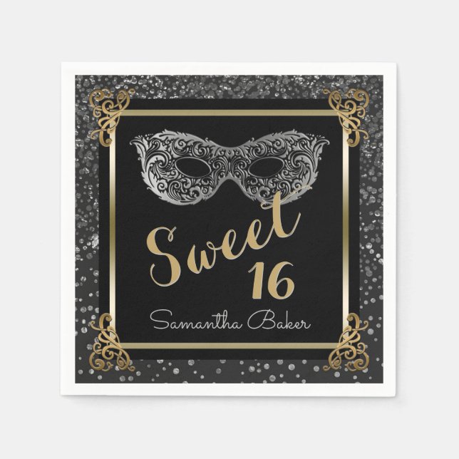 Sweet 16 Masquerade Ball Silver Gold Sweet Sixteen Napkin (Front)