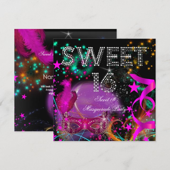 Sweet 16 Masquerade Birthday Party Pink Black Invitation (Front/Back)