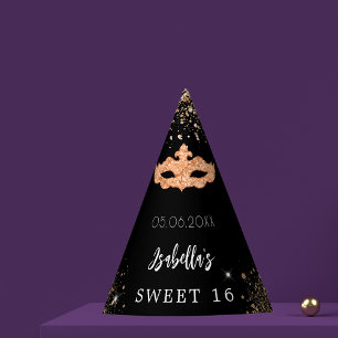 Sweet 16 masquerade black gold mask name party hat