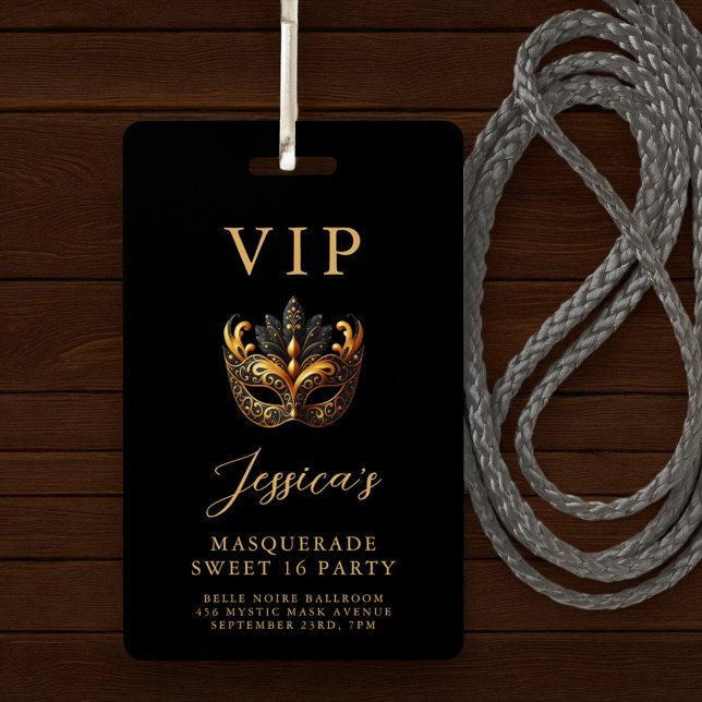 Sweet 16 Masquerade Black Gold VIP Invitation ID Badge (Creator Uploaded)