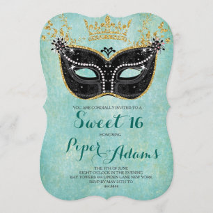 Sweet 16 Masquerade Gold Glitter and Aqua Invitation