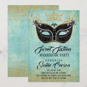 Sweet 16 Masquerade Gold Glitter and Aqua Invitation