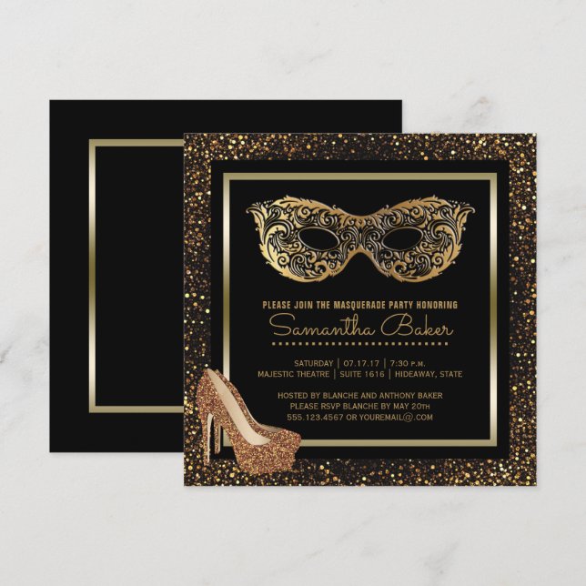 Sweet 16 Masquerade Party | Gold Sweet Sixteen Invitation (Front/Back)