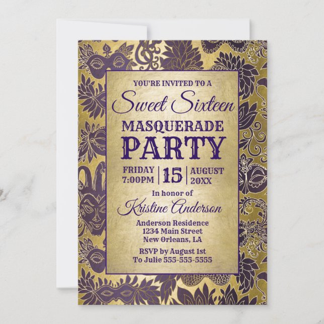 Sweet 16 Masquerade Party Purple Gold Mask Invitation (Front)