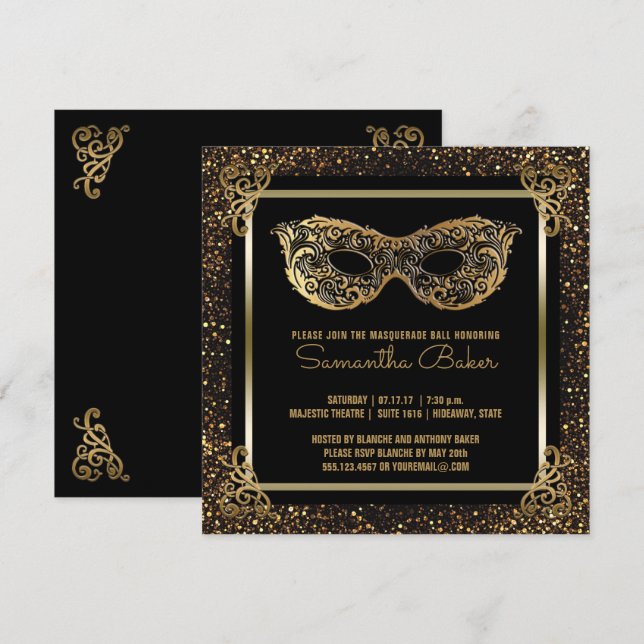 Sweet 16 Masquerade Party | Sweet Sixteen Gold Invitation (Front/Back)