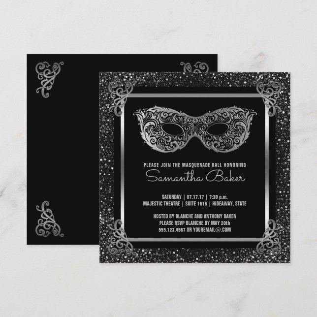 Sweet 16 Masquerade Party | Sweet Sixteen Silver Invitation (Front/Back)