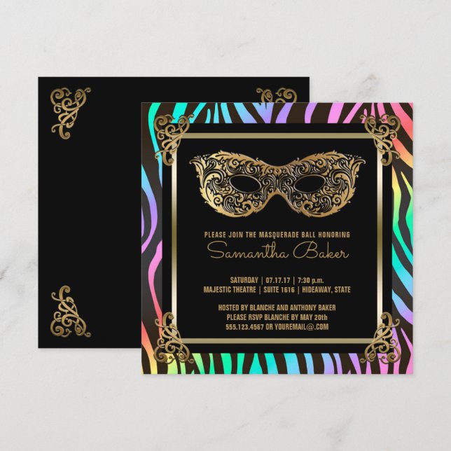 Sweet 16 Masquerade Party | Sweet Sixteen Zebra Invitation (Front/Back)