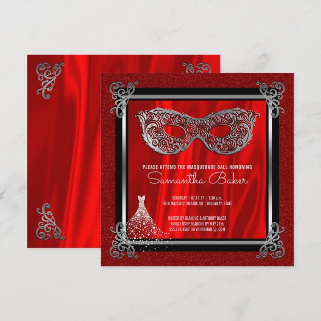 Sweet 16 Masquerade | Red Sweet Sixteen Birthday Invitation (Front/Back)