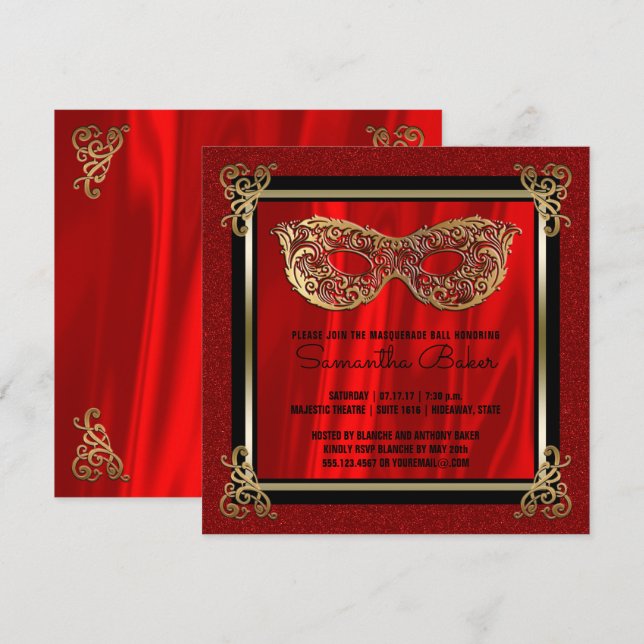 Sweet 16 Masquerade | Red Sweet Sixteen Birthday Invitation (Front/Back)