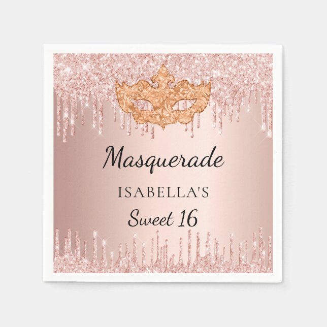 Sweet 16 masquerade rose gold glitter drips party napkin (Front)